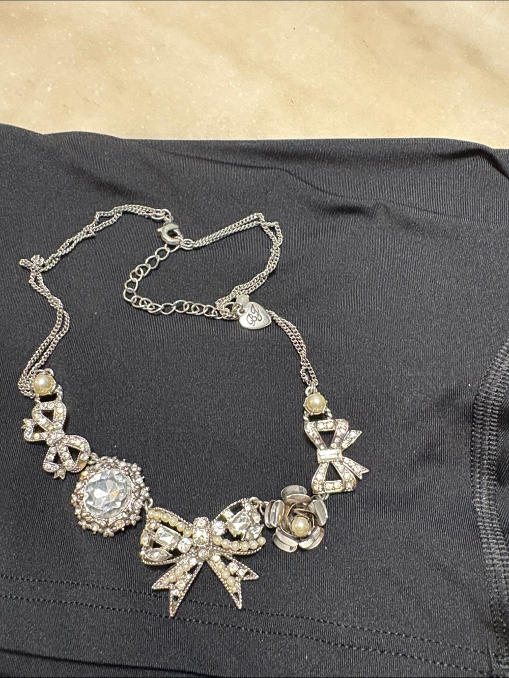 Betsey  Johnson  Crystal Bow & Floral Statement Necklace - Silver Tone
